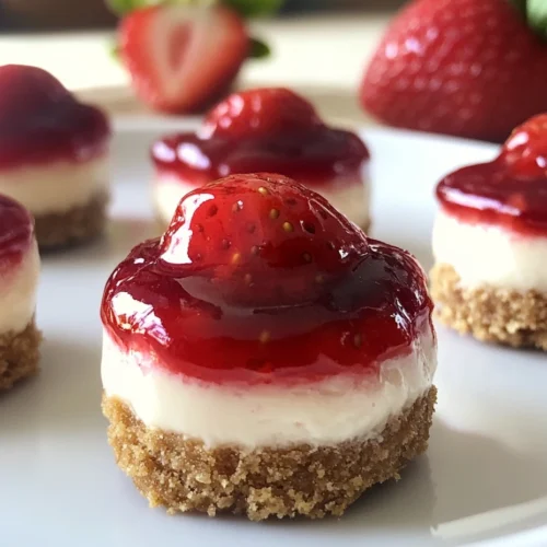 Bite-sized strawberry cheesecake with graham cracker crust and strawberry topping.