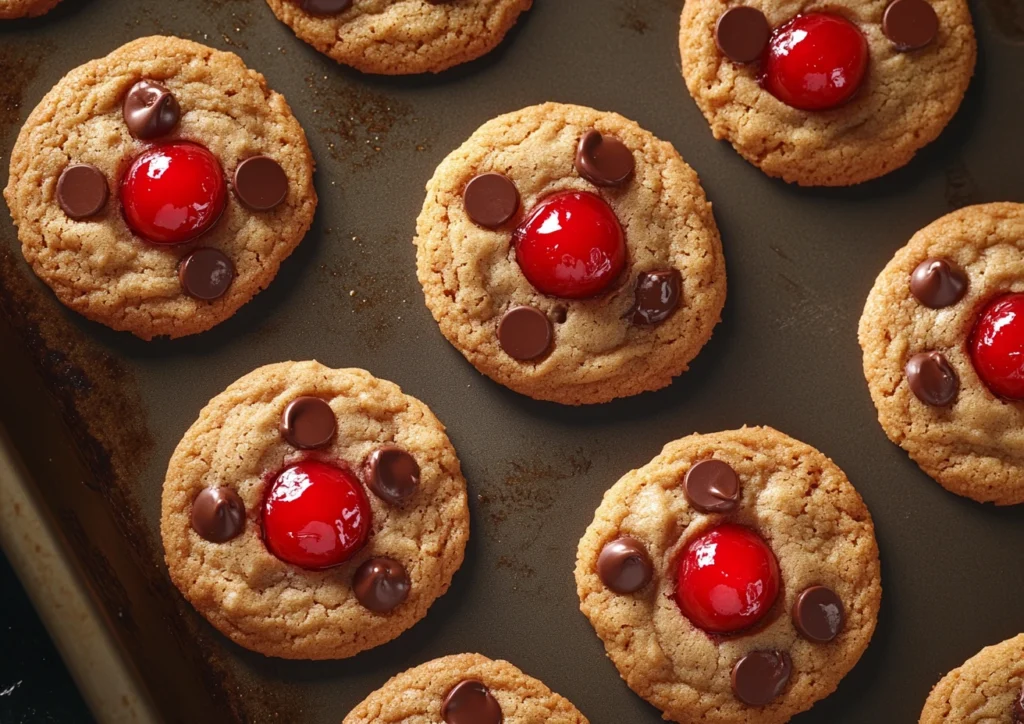 Close-up of baked Maraschino Cherry Chocolate Chip Cookies.