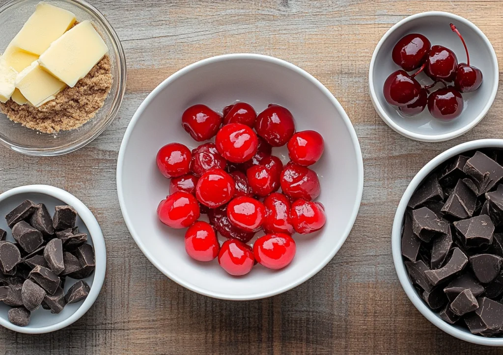 Maraschino cherry cookie ingredients on a wooden surface, top-down view.