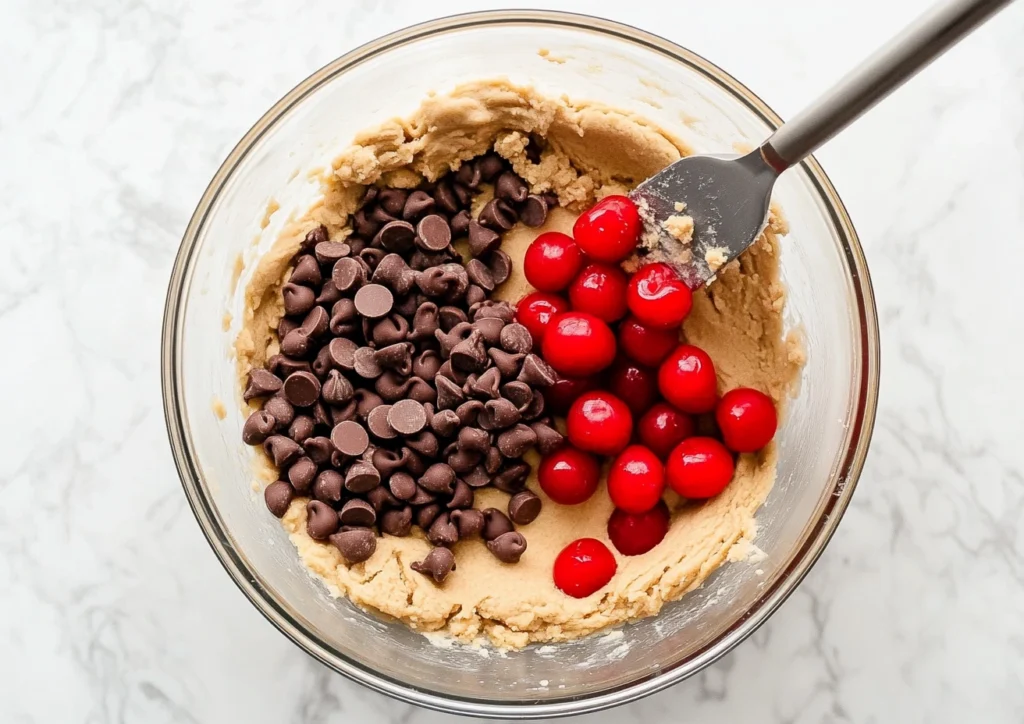 Top-down view of mixing bowl with cookie dough, cherries, and chocolate chips.