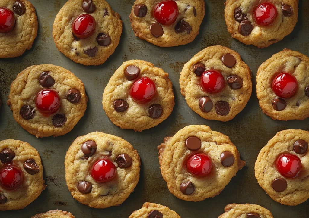 Rows of baked Maraschino Cherry Chocolate Chip Cookies on a sheet pan.