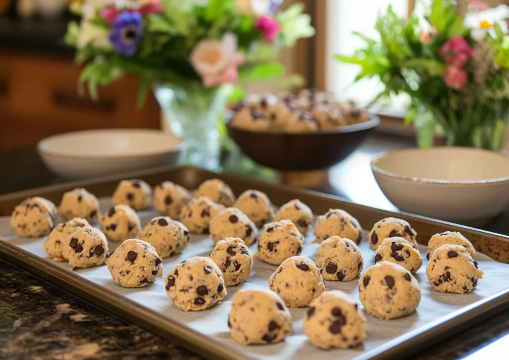 Banana chocolate chip cookie dough balls on a baking sheet.