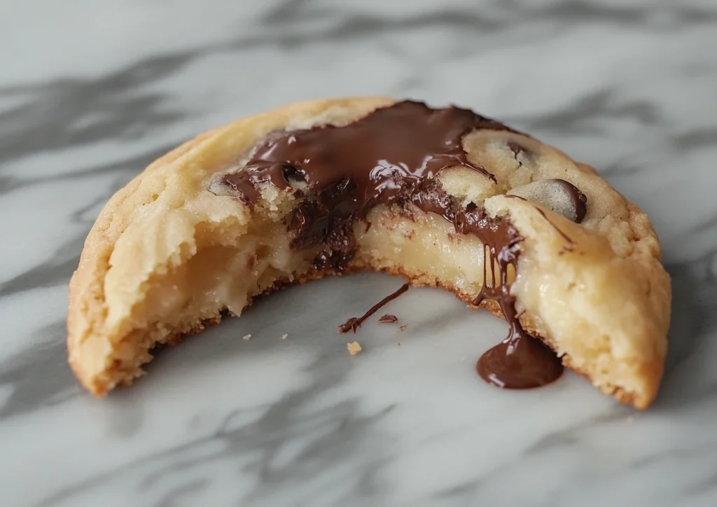 Banana chocolate chip cookie with broken pieces showing melted chocolate chips.