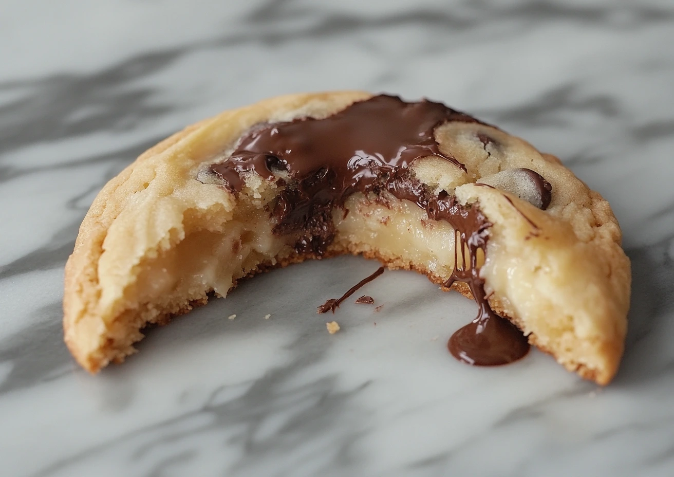 Banana chocolate chip cookie with broken pieces showing melted chocolate chips.