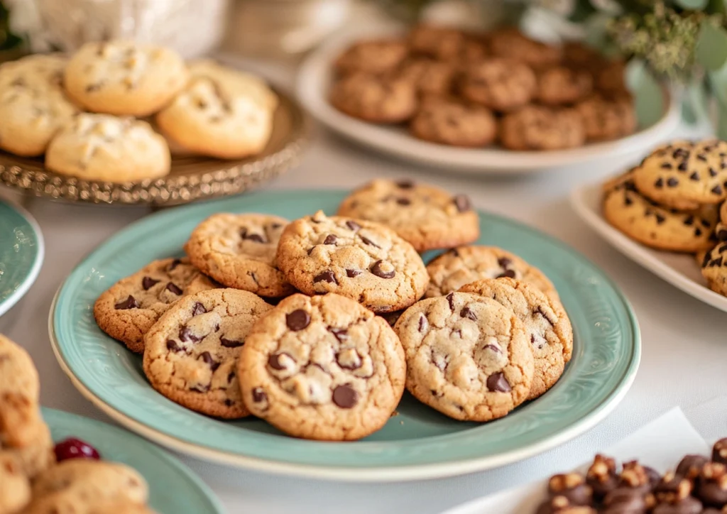A beautifully arranged dessert table showcasing different chocolate chip cookies variations
