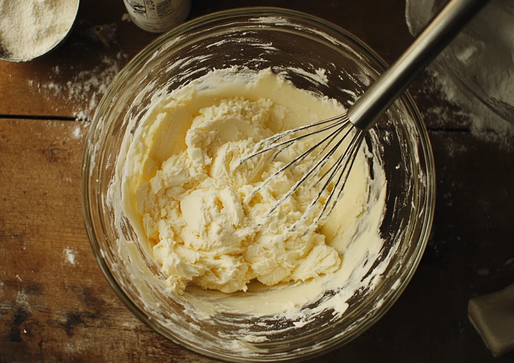 Creamed butter and white sugar in a glass bowl.