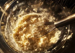 Dry ingredients for cookies being whisked in a glass bowl, recipe without brown sugar.