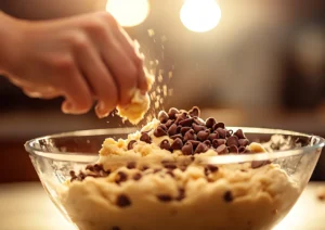 Chocolate chip cookie dough in a glass bowl, without brown sugar, ready for baking.