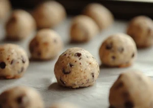 Chocolate chip cookie dough balls on a parchment-lined baking sheet, made without brown sugar.