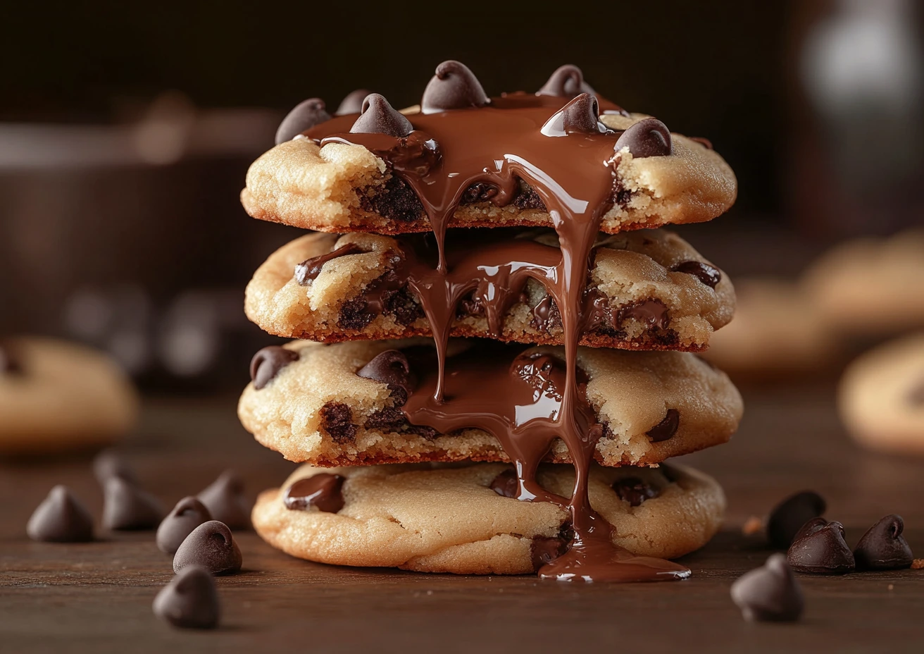 Stack of chocolate chip cookies, broken open with melted chocolate dripping, made without brown sugar.