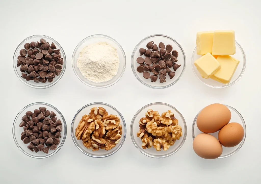 Ingredients for making Chocolate Chip Walnut Cookies.