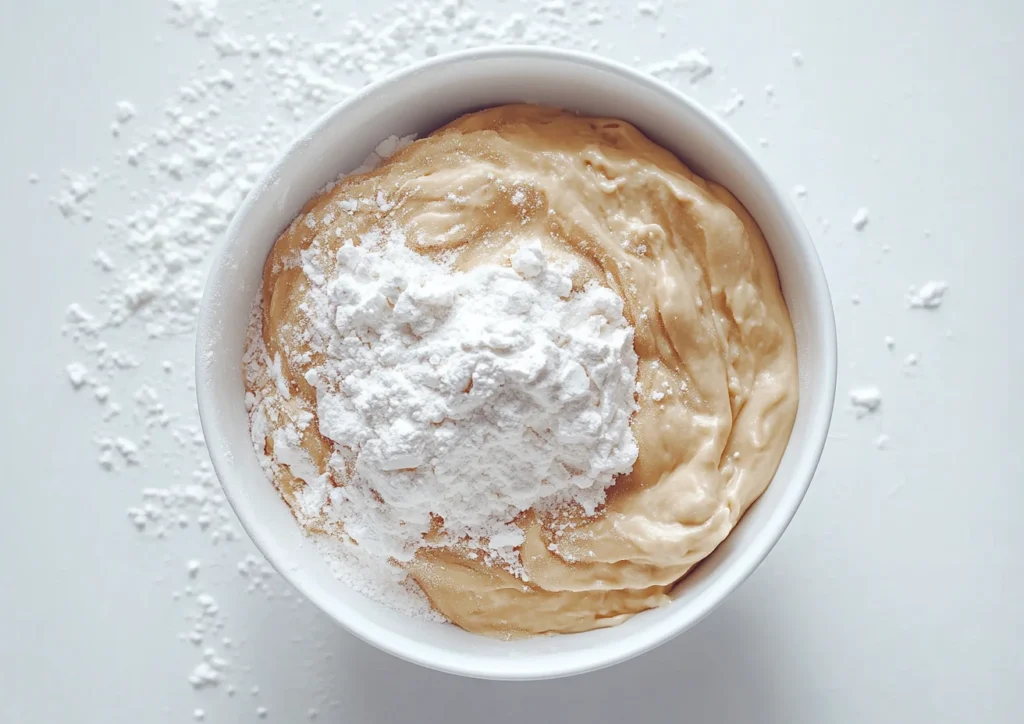 Flour being added to Chocolate Chip Walnut Cookies dough.
