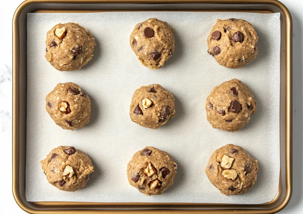 Unbaked Chocolate Chip Walnut Cookies dough on a tray.