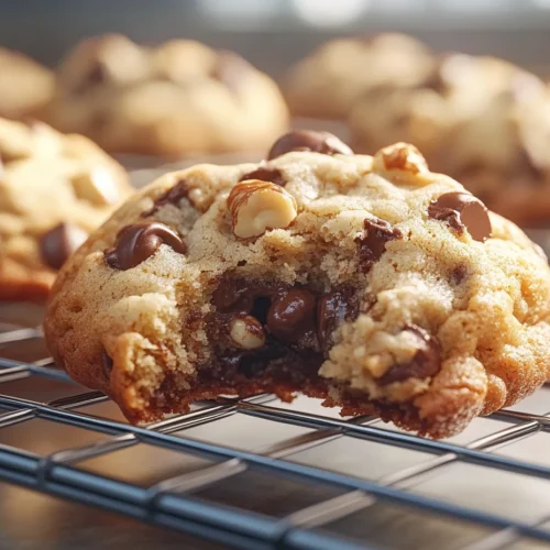 Chocolate Chip Walnut Cookie on rack with a bite taken.