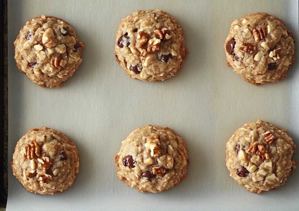 Six baked Chocolate Chip Walnut Cookies on a baking sheet.