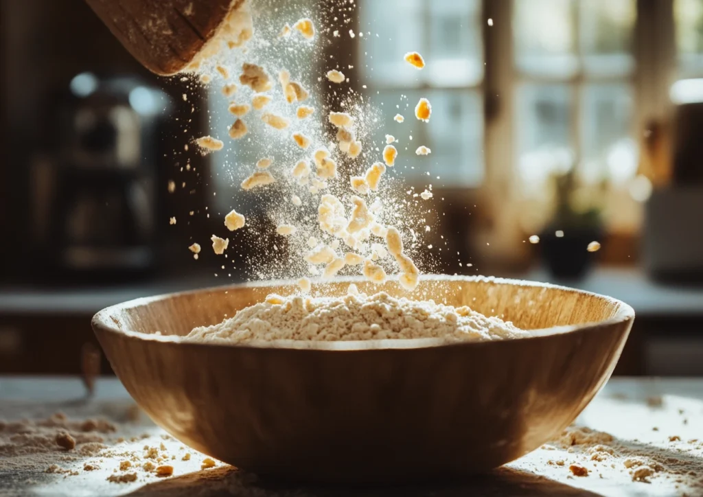 Dry ingredients for cookies being mixed in a rustic bowl