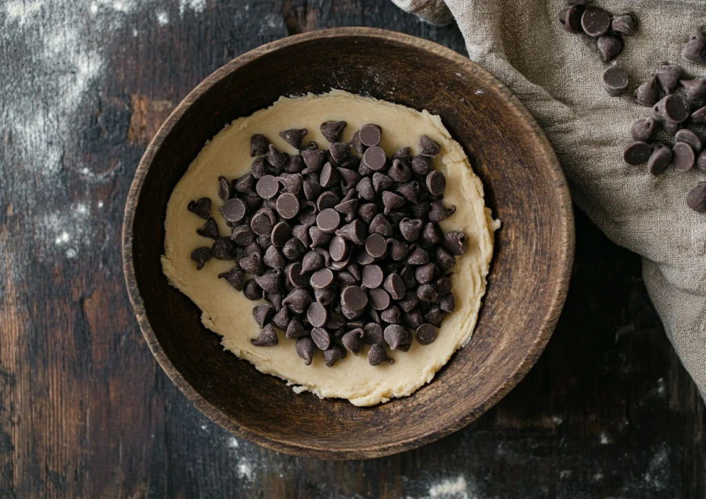Cookie dough in a bowl with chocolate chips before mixing