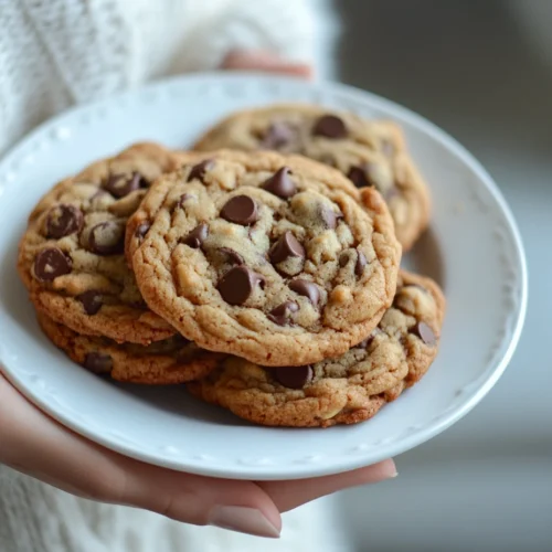 Hand holding a plate piled with chocolate chip cookies