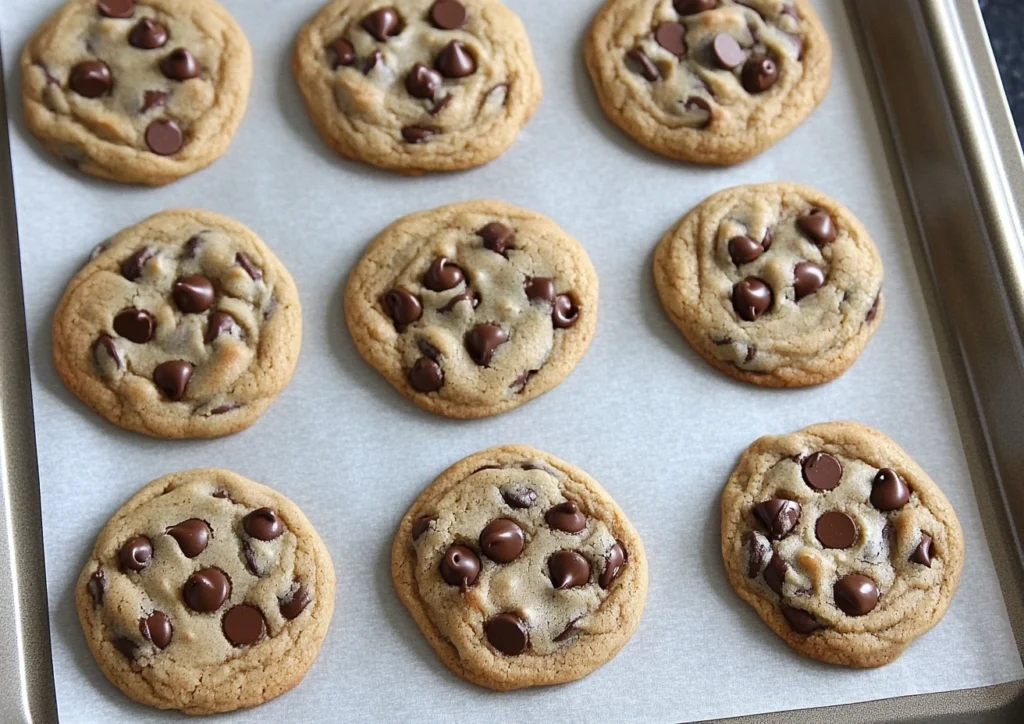 Baked chocolate chip cookies on a parchment-lined baking sheet