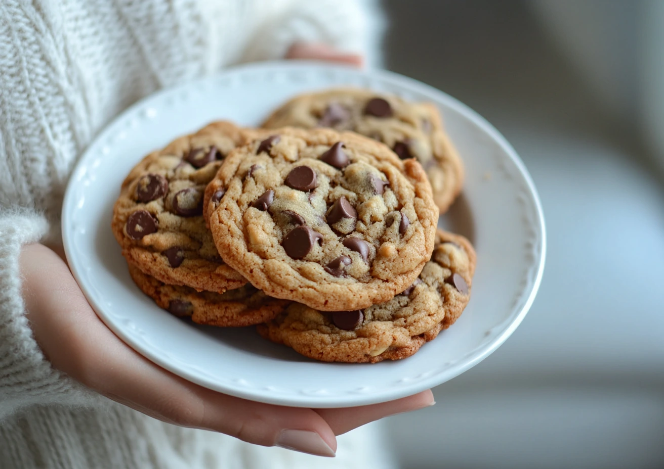 Hand holding a plate piled with chocolate chip cookies