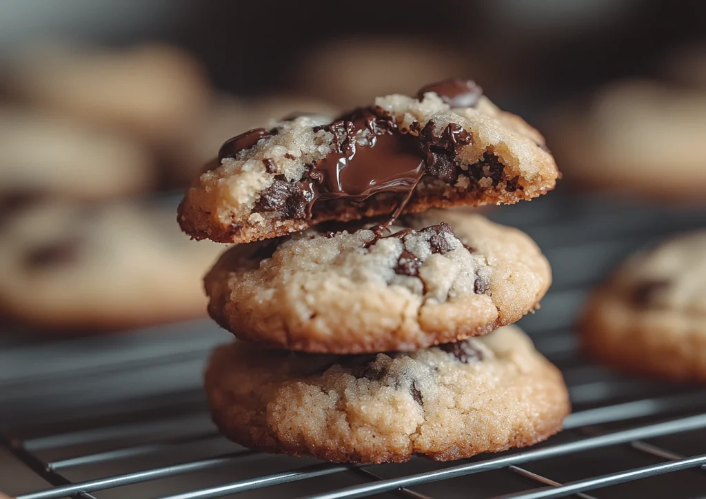 Stack of mini chocolate chip cookies.