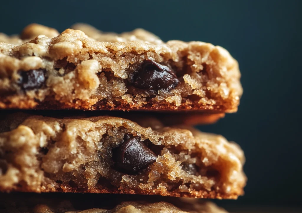 Cut oatmeal raisin chocolate chip cookie showing interior texture