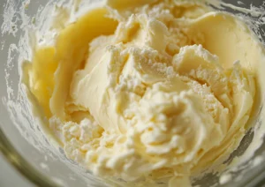 Creamed butter and sugar in a glass bowl
