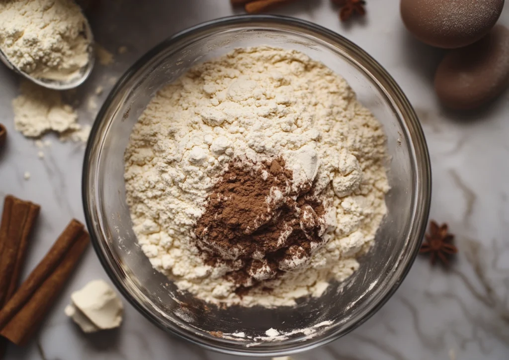 Dry ingredients for cookies being whisked in a glass bowl