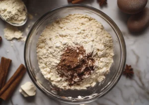 Dry ingredients for cookies being whisked in a glass bowl