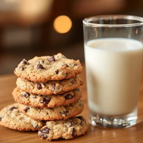 Stack of oatmeal raisin chocolate chip cookies next to a glass of milk