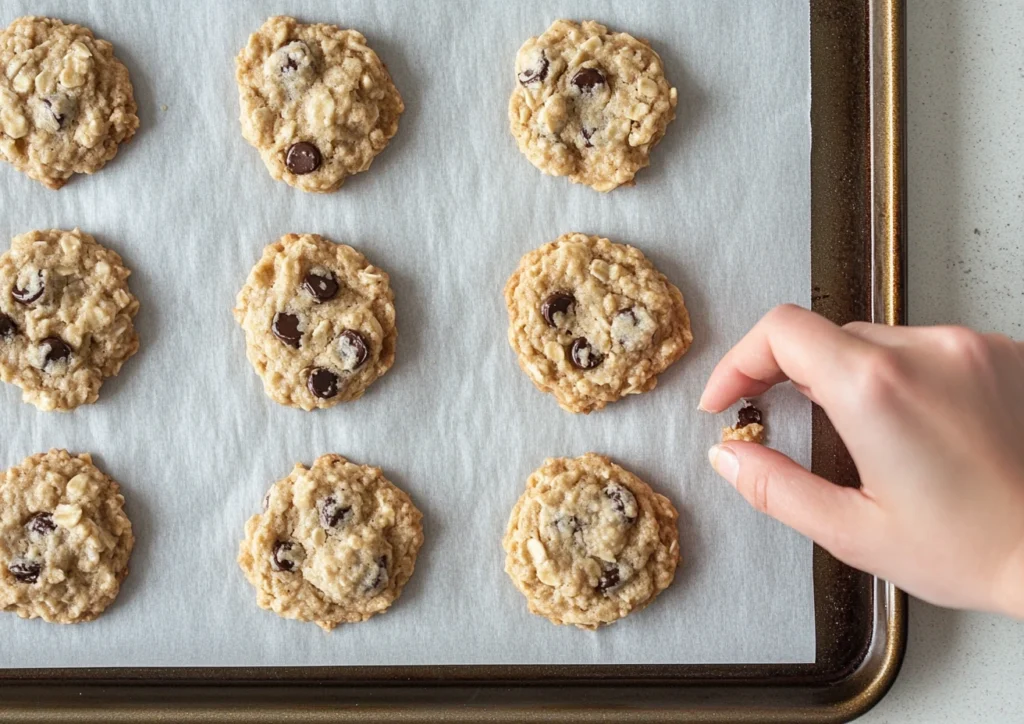 Oatmeal raisin chocolate chip cookies on a baking sheet