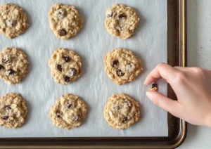 Oatmeal raisin chocolate chip cookies on a baking sheet