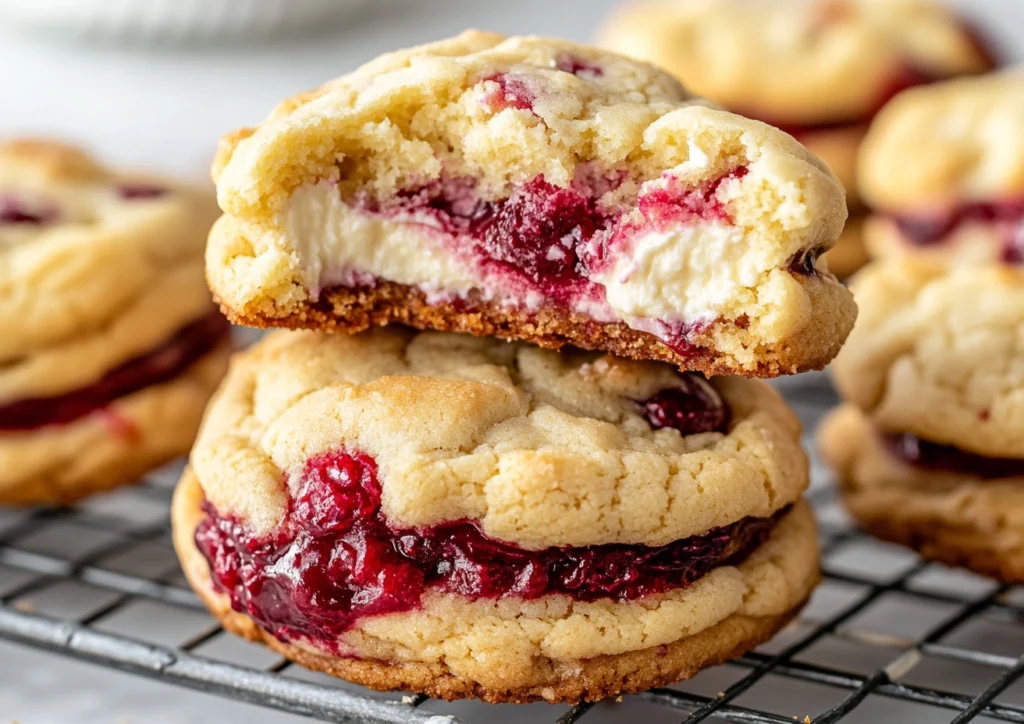 Close up of raspberry cheesecake cookies with cream cheese filling, one broken open.