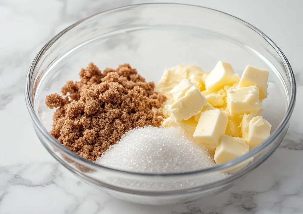 Butter, brown sugar, and white sugar in bowl.