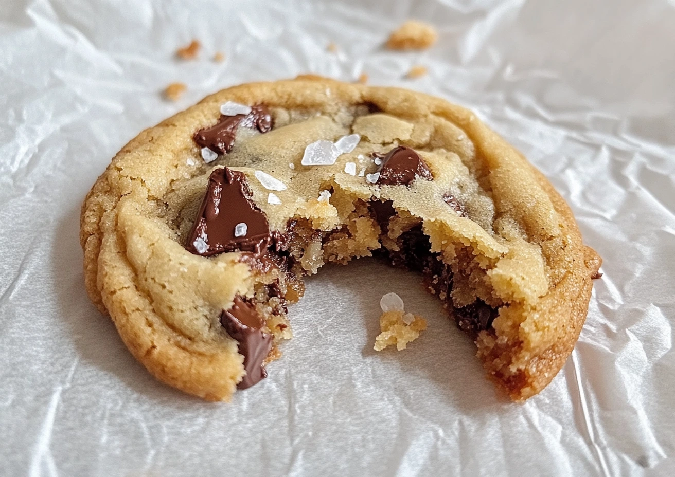 Single serve chocolate chip cookie with bite.