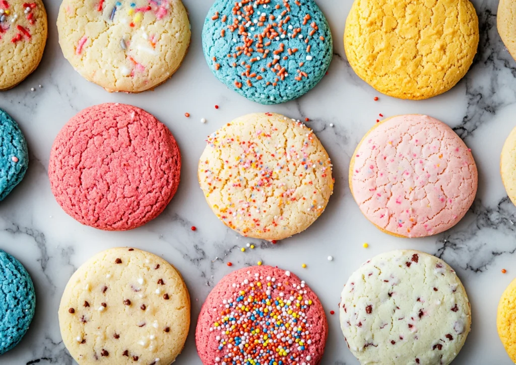Assorted colorful cake mix cookies scattered on marble