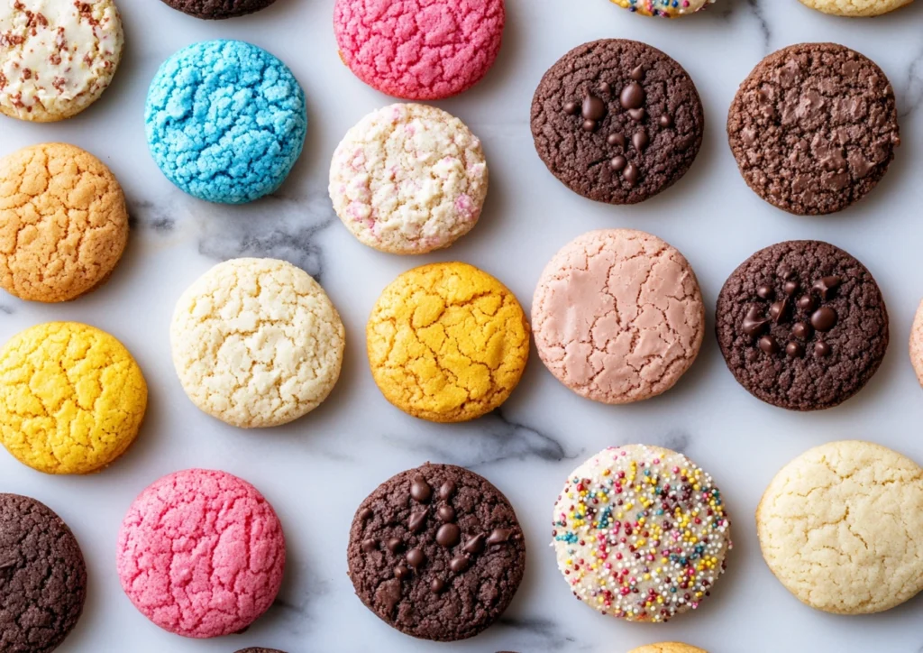Assorted colorful cake mix cookies scattered on marble