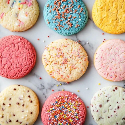 Assorted colorful cake mix cookies scattered on marble