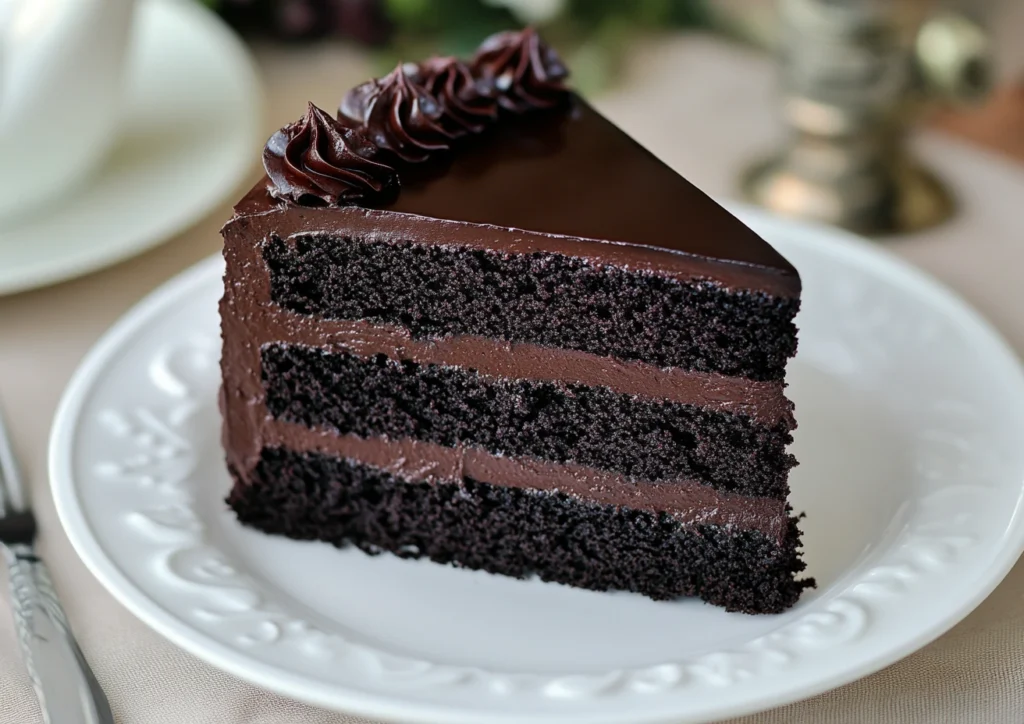 Slice of black velvet cake with dark, glossy ganache on a plate