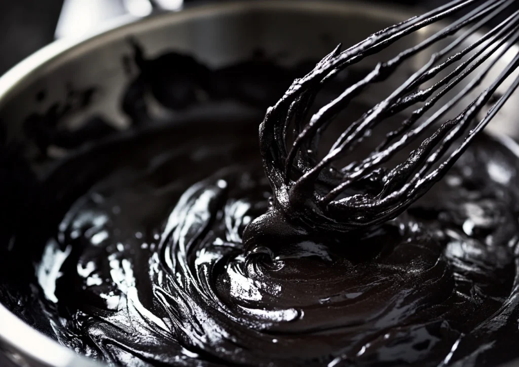 Dark chocolate batter being mixed in a stainless steel bowl