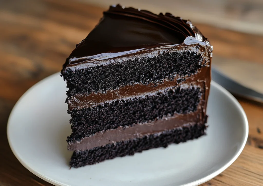 Slice of black velvet cake with dark, glossy ganache on a plate