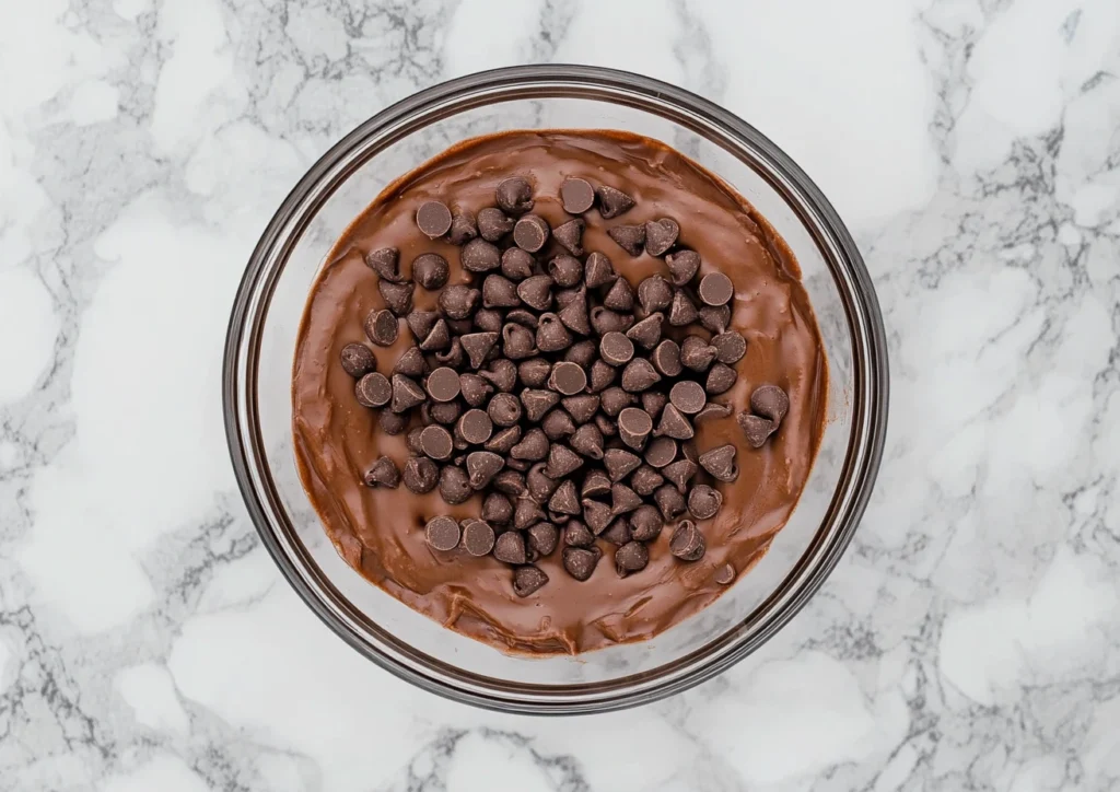 Chocolate chips being added to brownie batter in a glass bowl