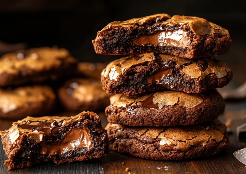 Stacked chocolate brownie cookies with chocolate chips scattered around