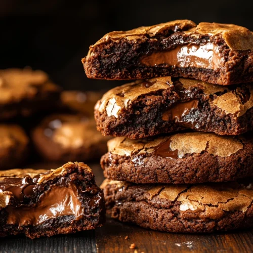 Stacked chocolate brownie cookies with chocolate chips scattered around