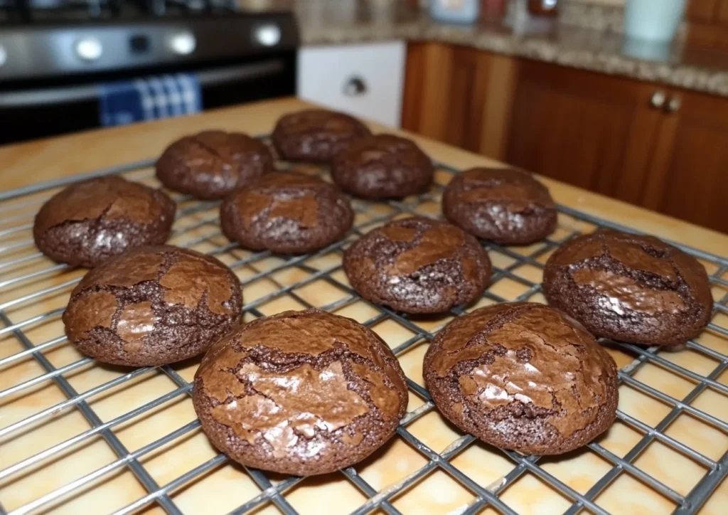 Freshly baked chocolate brownie cookies cooling on a wire rack