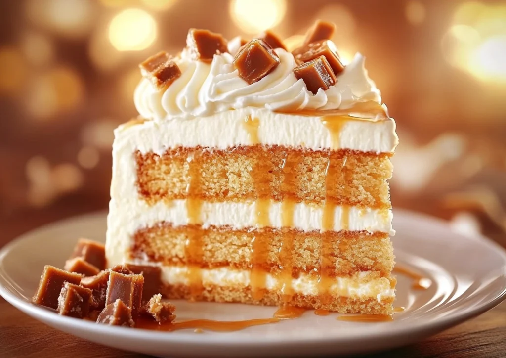 Slice of butterscotch crunch cake on white plate.