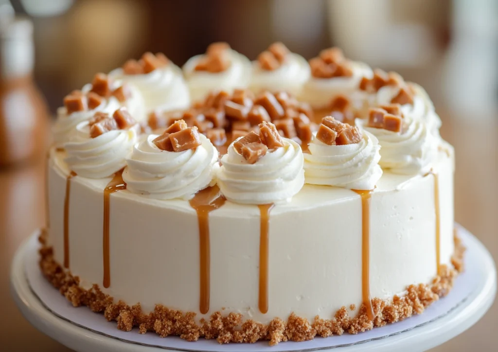 Whole butterscotch crunch cake on white plate.