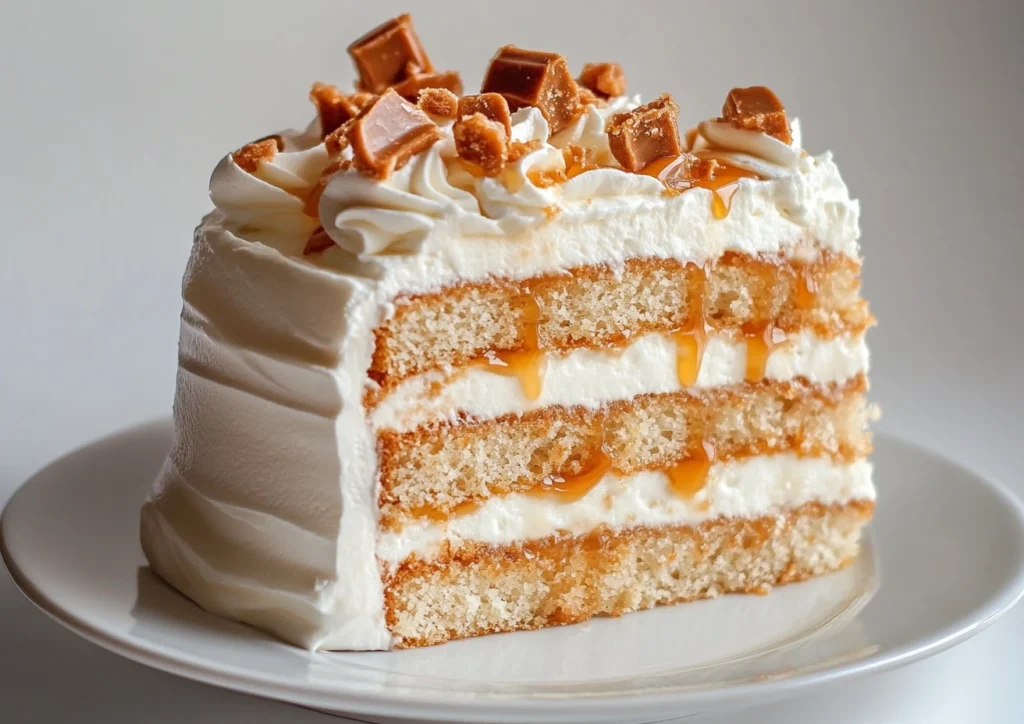 Slice of butterscotch crunch cake on white plate.