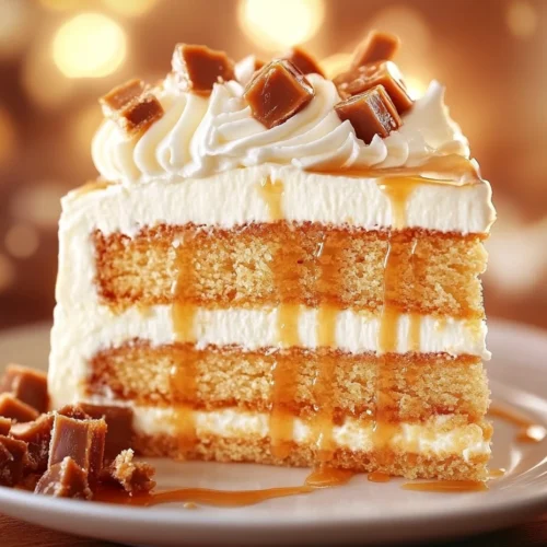 Slice of butterscotch crunch cake on white plate.