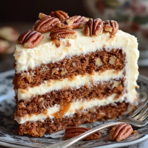 Slice of Caramel Pecan Carrot Cake